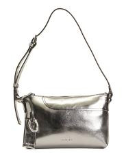Leather Metallic Mini Zip Top East West Shoulder Bag With Pockets | TJ Maxx