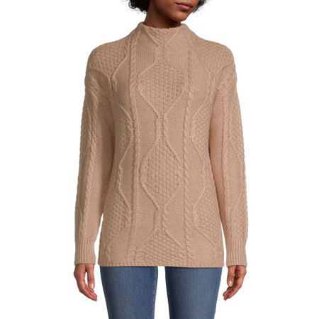 St. John's Bay Womens Mock Neck Long Sleeve Pullover Sweater, Small , Beige | JCPenney