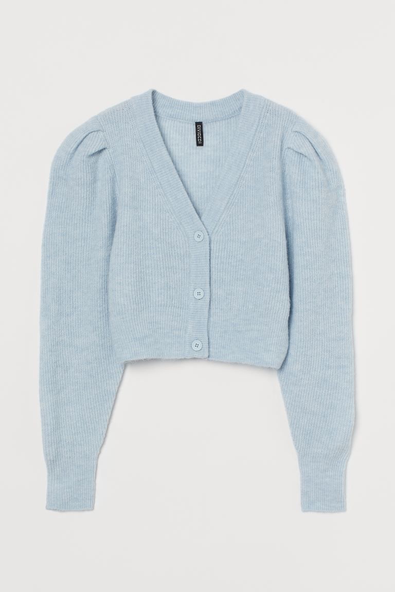Short, V-neck cardigan in soft, rib-knit fabric with wool content. Buttons at front, defined shou... | H&M (US + CA)