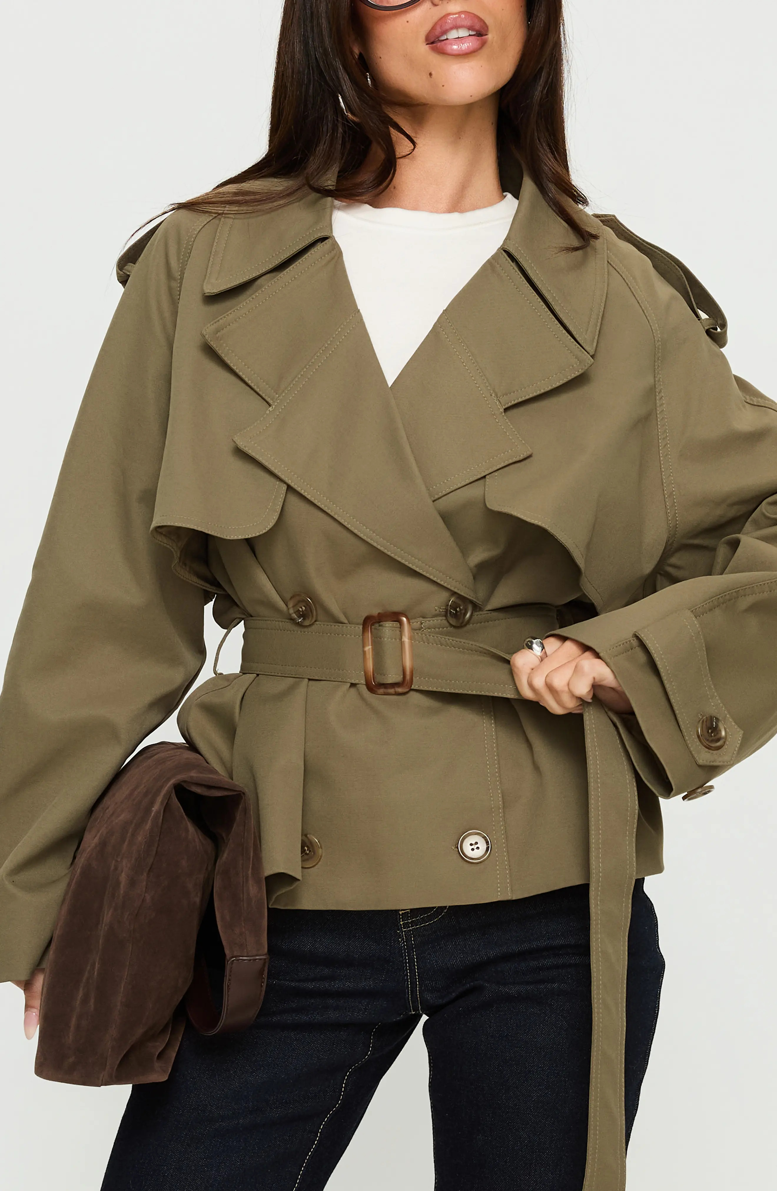 Princess Polly Eldora Double Breasted Belted Crop Trench Coat (Women) | Nordstrom | Nordstrom