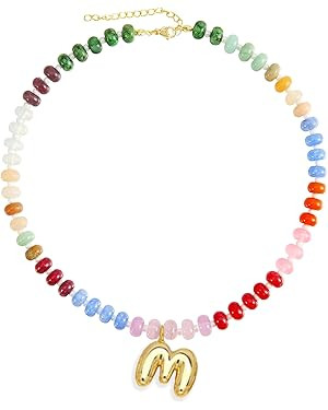 Elegant Boho Colorful Beaded Necklace with Gold Bubble Letter A-Z Pendant,Handmade Trendy Summer ... | Amazon (US)