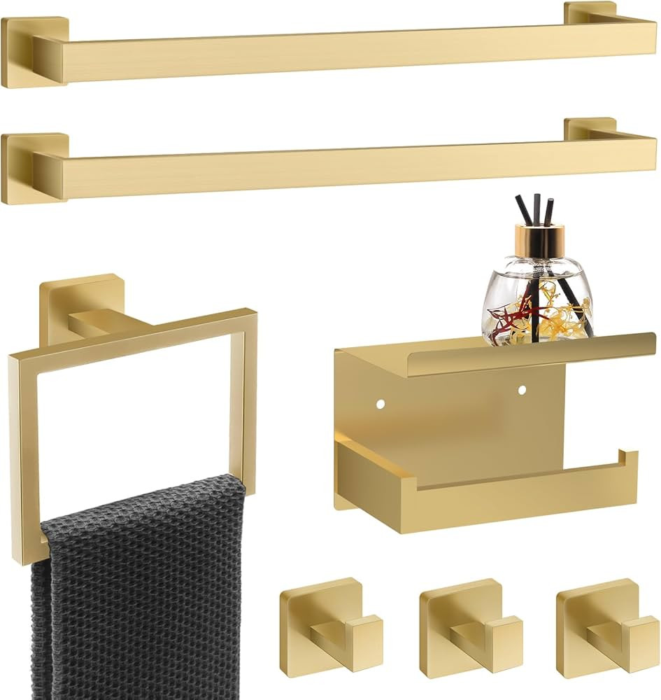7 Piece Gold Bathroom Hardware Set with Brushed Gold Bathroom Accessories - Square 2 Towel Bars T... | Amazon (US)