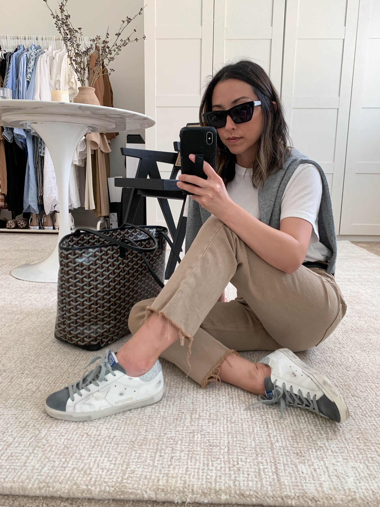 Daily #ootd. Mom-on-duty outfit ideas. 

Sweater - jenni Kayne xs
Tee - Everlane medium
Jeans. Gap petite 26. Size up 2 sizes. 
Sneaker - Golden Goose 35
Sunglasses -  YSL
Bag - Goyard Artois