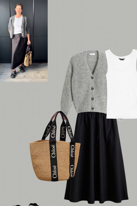 Black poplin skirt styling with a great cardigan, deep basket bag and fisherman sandals