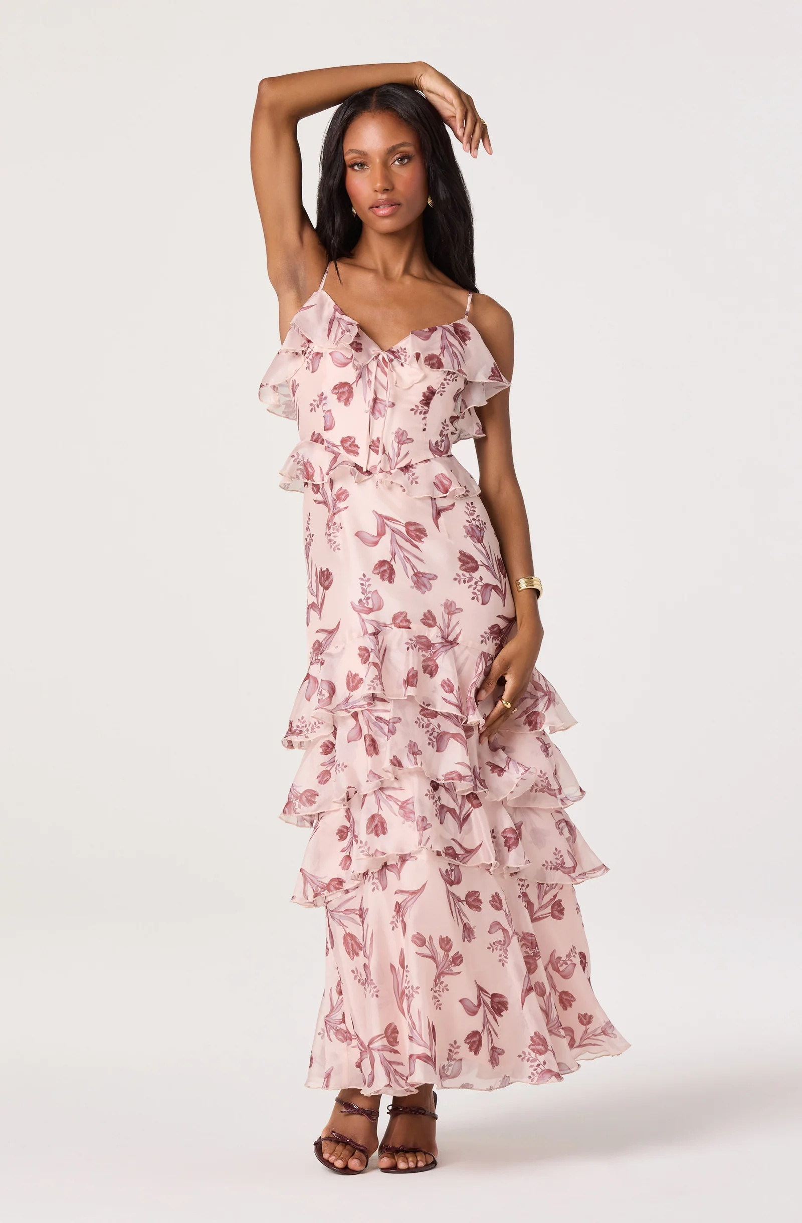 Emiliana V-Neck Ruffle Satin Maxi Dress - Soft pink floral / XS | ASTR The Label (US)
