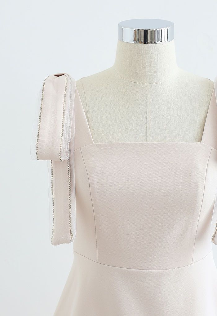 Bowknot Shoulder Crystal Edge Mini Dress in Cream | Chicwish