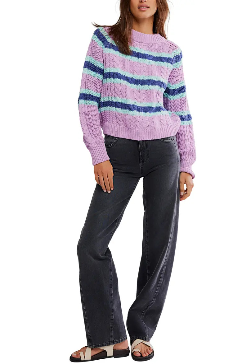 Free People Frankie Stripe Cable Stitch Cotton Sweater (Women) | Nordstrom | Nordstrom