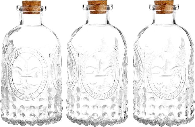 MyGift Set of 3 Antique-Style Clear Glass Embossed Apothecary Bottles with Cork Lids | Amazon (US)