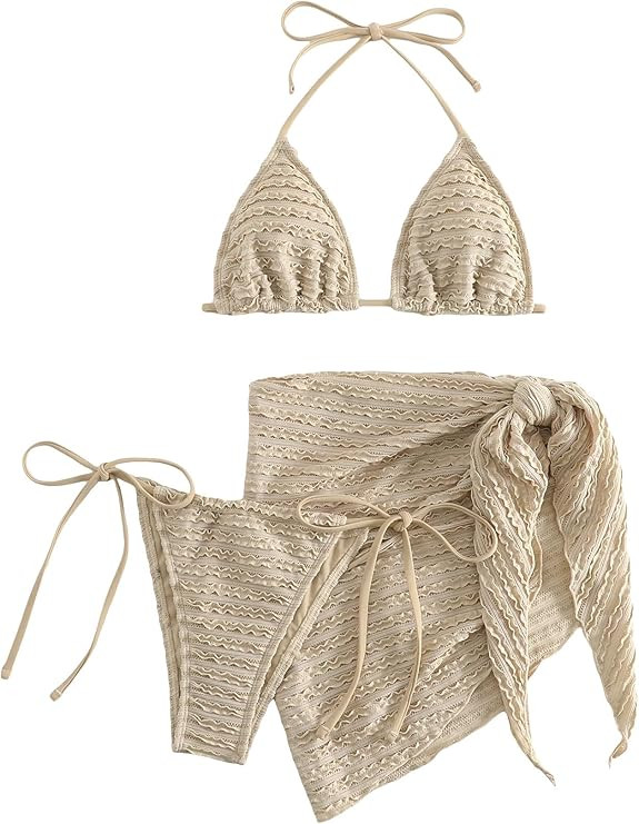 GORGLITTER Women's 3 Piece Swimsuits Halter Triangle String Bikini Set with Beach Skirt Swimwear ... | Amazon (US)