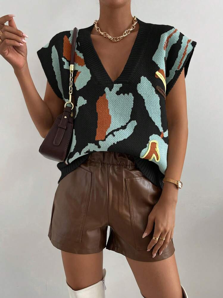 SHEIN LUNE Colorblock V-Neck Sleeveless Knitted Vest | SHEIN