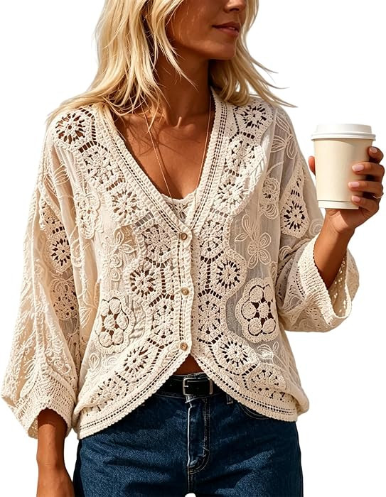 Crochet Cardigan for Women Lightweight Lace Flower Short Kimonos Summer Sweaters for Women Button... | Amazon (US)