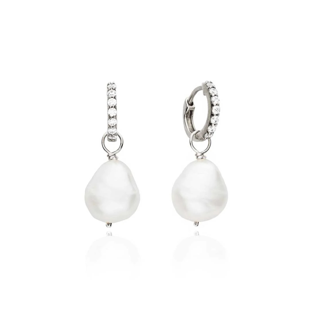Solid White Gold Genuine Diamond Huggie Pearl Drop Earrings | Lily & Roo