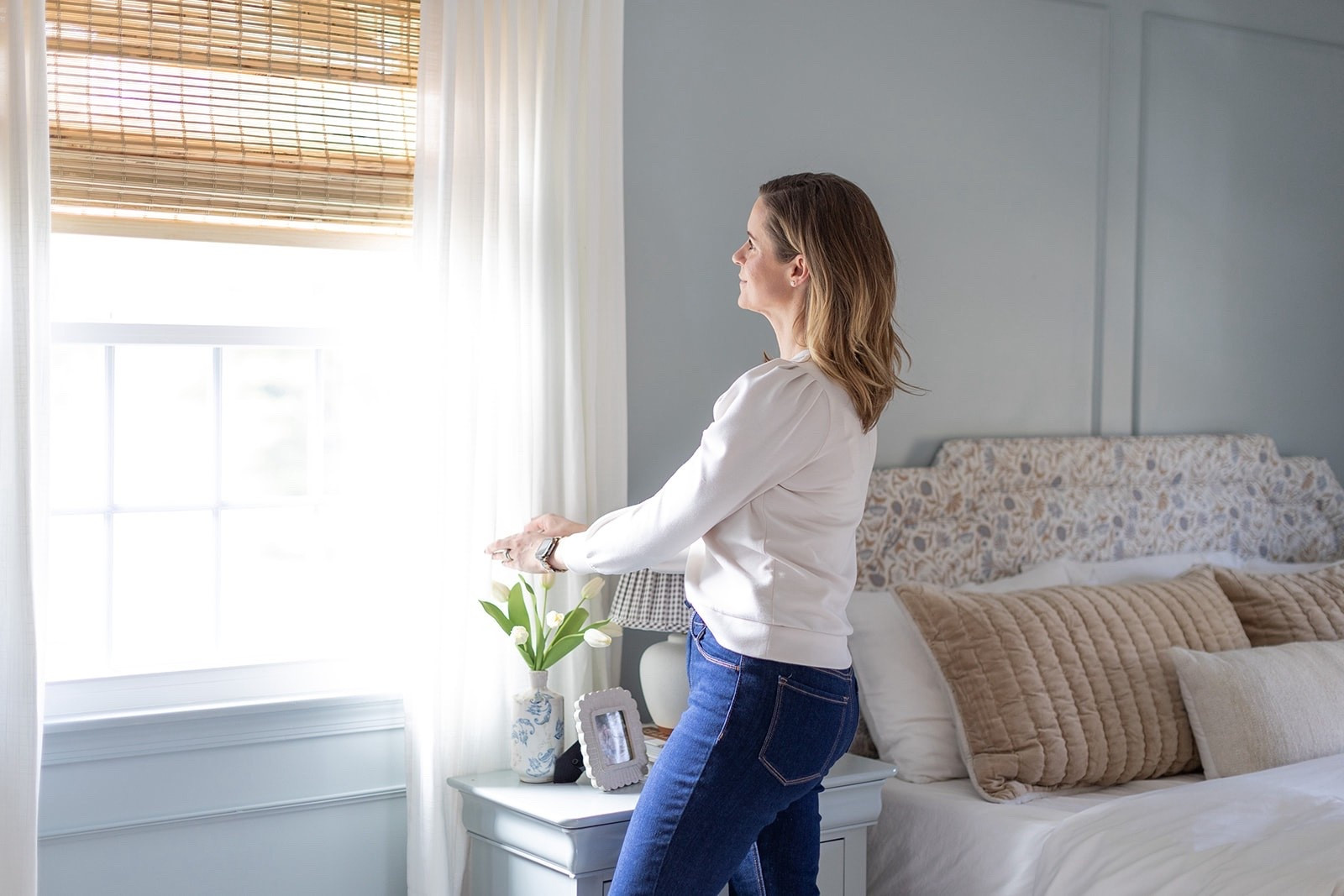 Bedroom decor, bamboo shades, bed frame, headboard