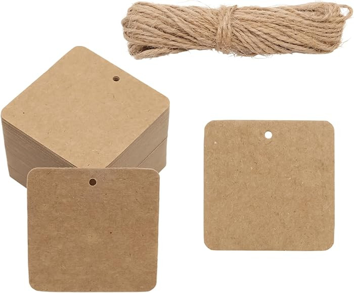 Pocoxll 100 Pcs Brown Square Kraft Paper Tags, Blank Hang Tags with 33 Feet Jute Twine, Perfect f... | Amazon (US)