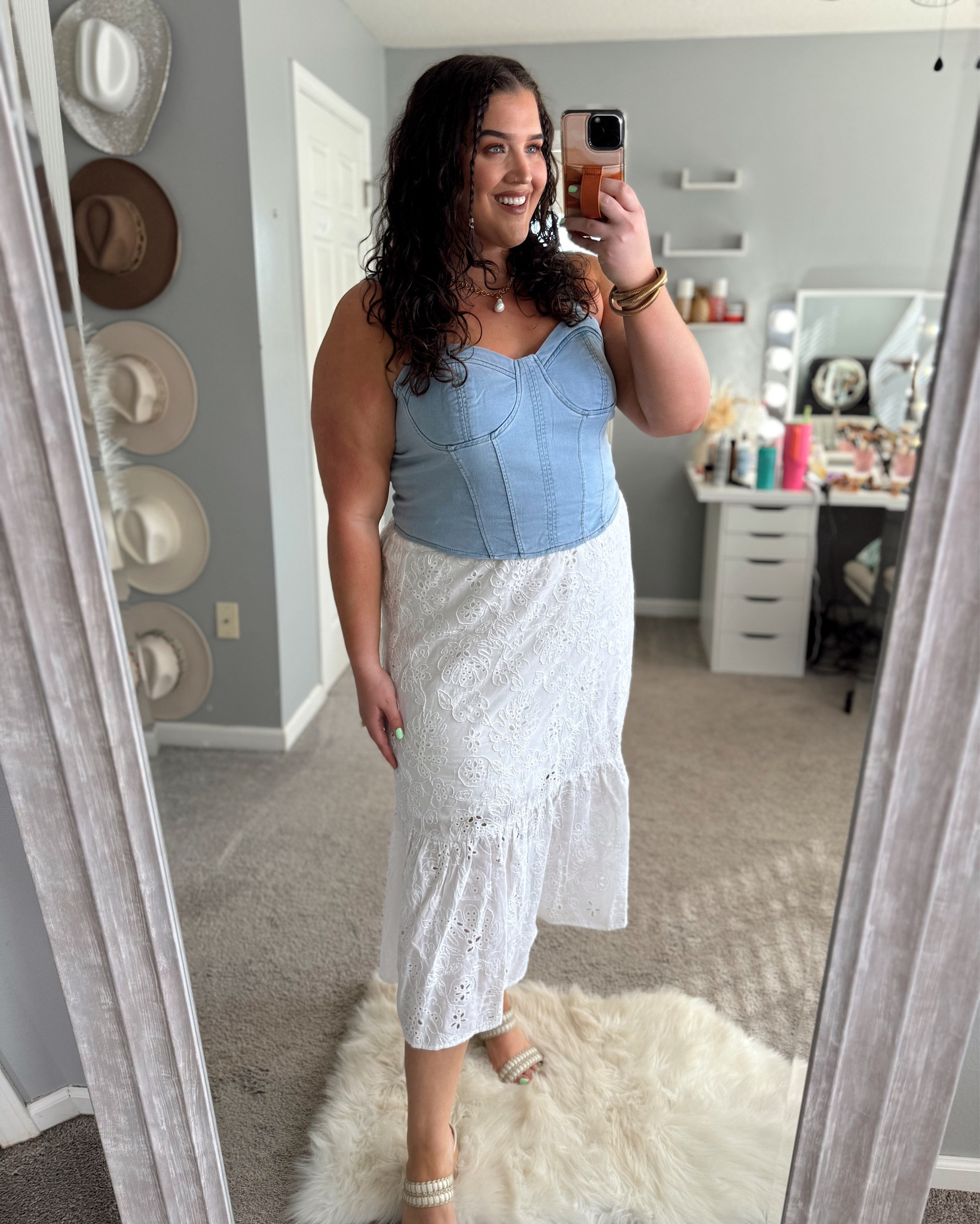 Coastal cowgirl inspired 🐚🤠 Denim corset top, embroidered white maxi skirt 
Size XXL
Country concert outfit inspo 

#LTKStyleTip #LTKPlusSize #LTKSummerSales