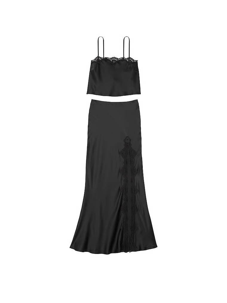 Buy Satin Lace-Trim Cropped Top & Slip Skirt Set, Black - Order Cami Sets online - Victoria's Sec... | Victoria's Secret (US / CA )