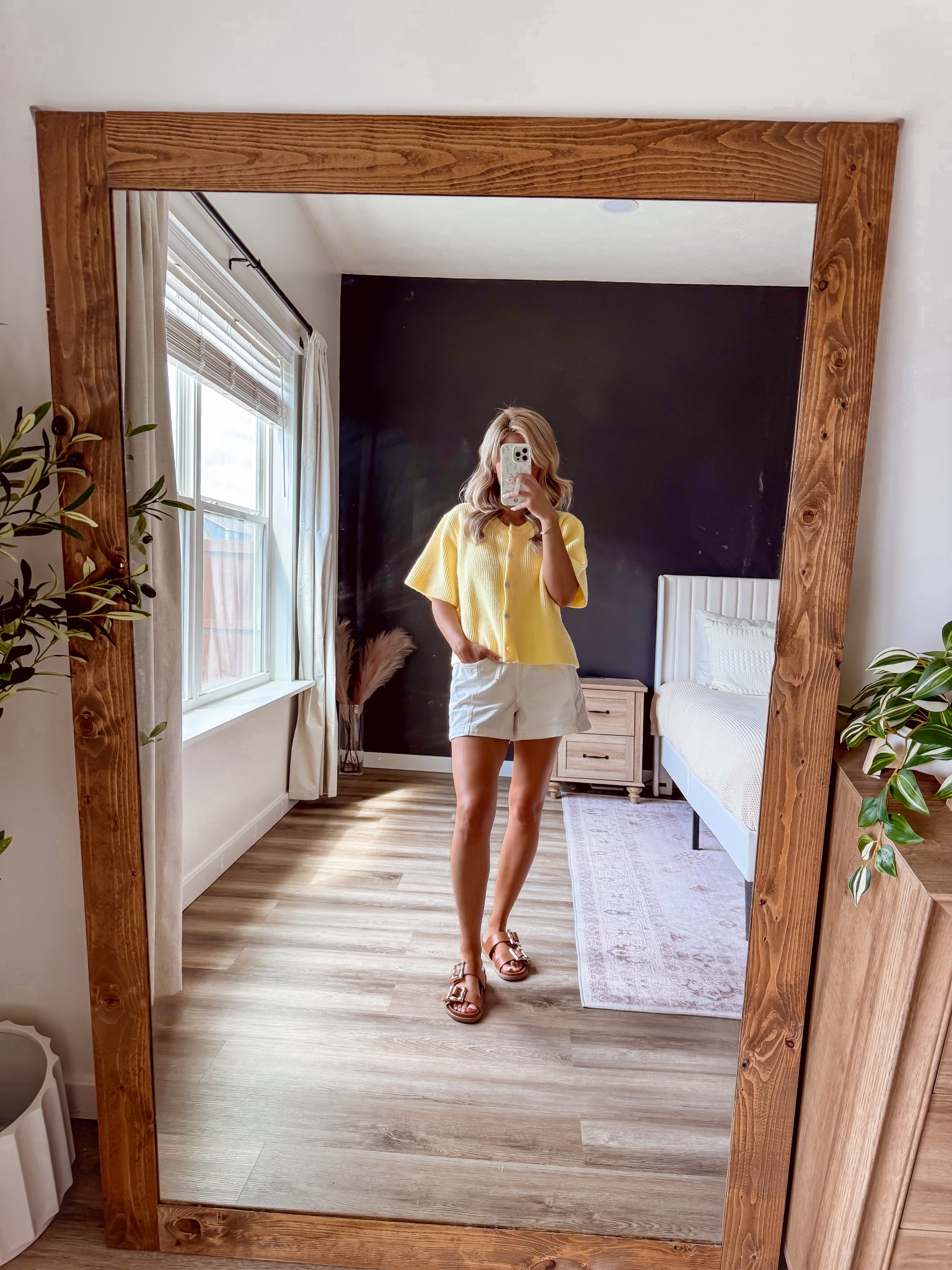 Obsessed with this yellow button down sweater from #Amazon  +  these #lookforless shorts from #Target