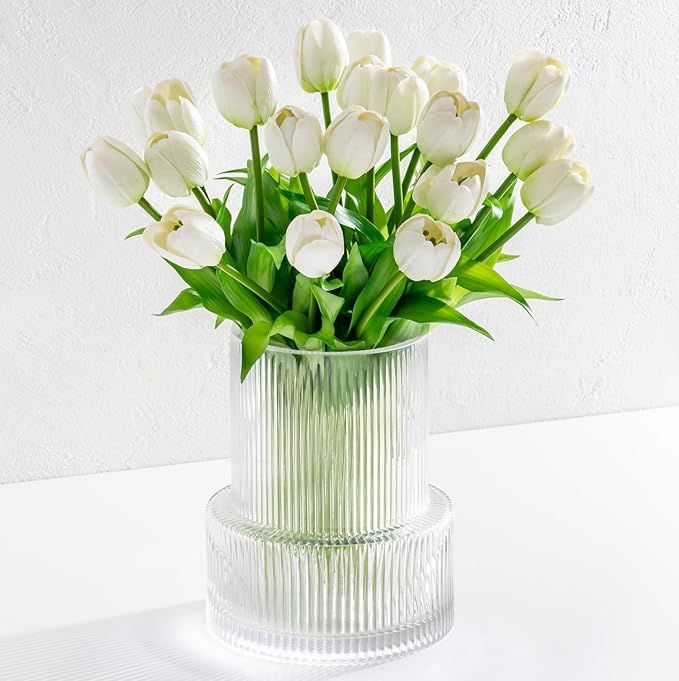 Luxury Thick Ribbed Glass Vase with 20 Super Realistic White Artificial Tulips Flowers Set. Moder... | Amazon (US)