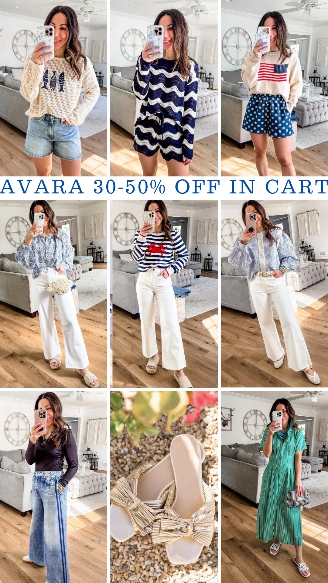 Avara extra 30 to 50% off in cart. Jeans 25. Denim shorts small. Dresses XS. Sandals TTS. Everything else small