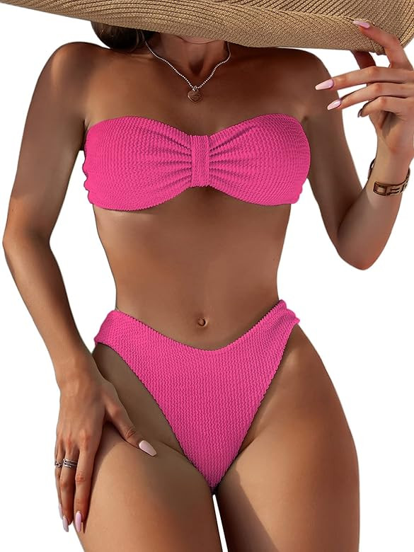 SherryDC Women's Self Tie Knot Strapless Bandeau High Cut High Leg Bikini Swimsuit | Amazon (US)