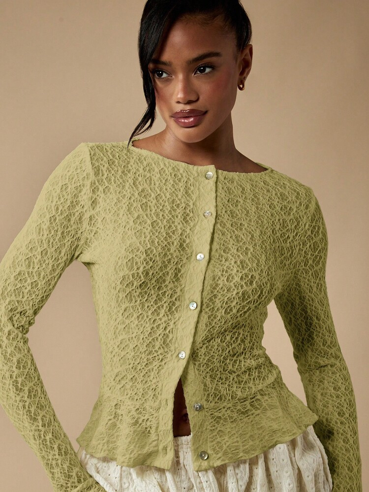 MISSGUIDED Knitted Button Front Peplum Cardigan With Textured Lace Pattern Long Sleeve Ruffled Hem And Cuff Spring Autumn Cottage Core Sweater | SHEIN