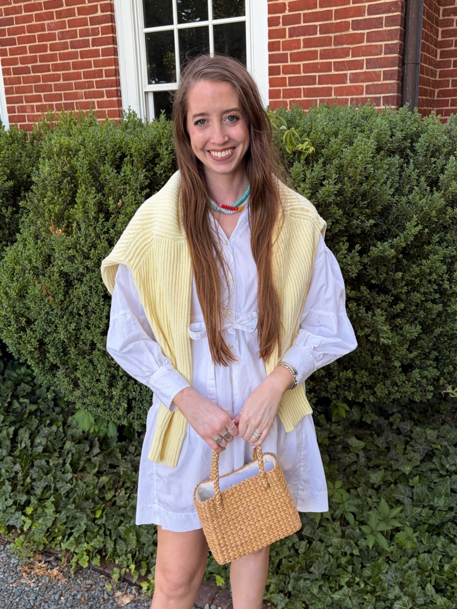 Spring outfit 
Summer outfit 
White shirt dress 
Butter yellow sweater 
Raffia woven bag 
Beaded gemstone necklace

#LTKSeasonal #LTKSaleAlert