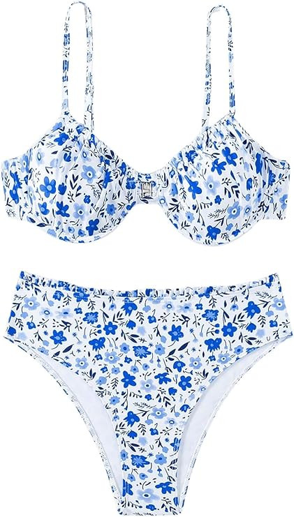 SweatyRocks Women's 2 Piece Bathing Suit Floral Print Spaghetti Strap Underwire Bikini Swimsuit | Amazon (US)