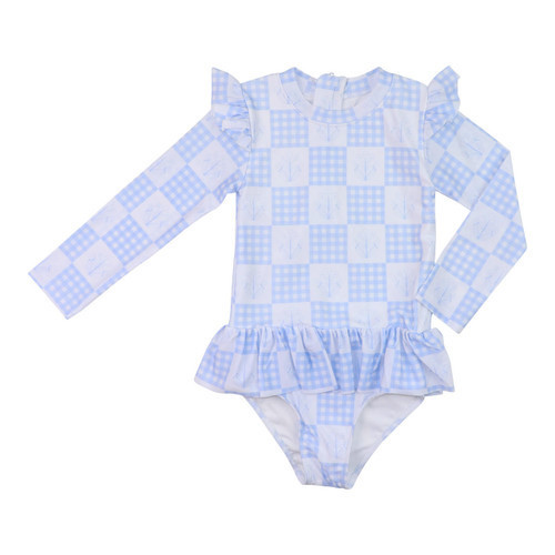 Blue And White Checked Floral Lycra Rashguard Swimsuit | Cecil and Lou
