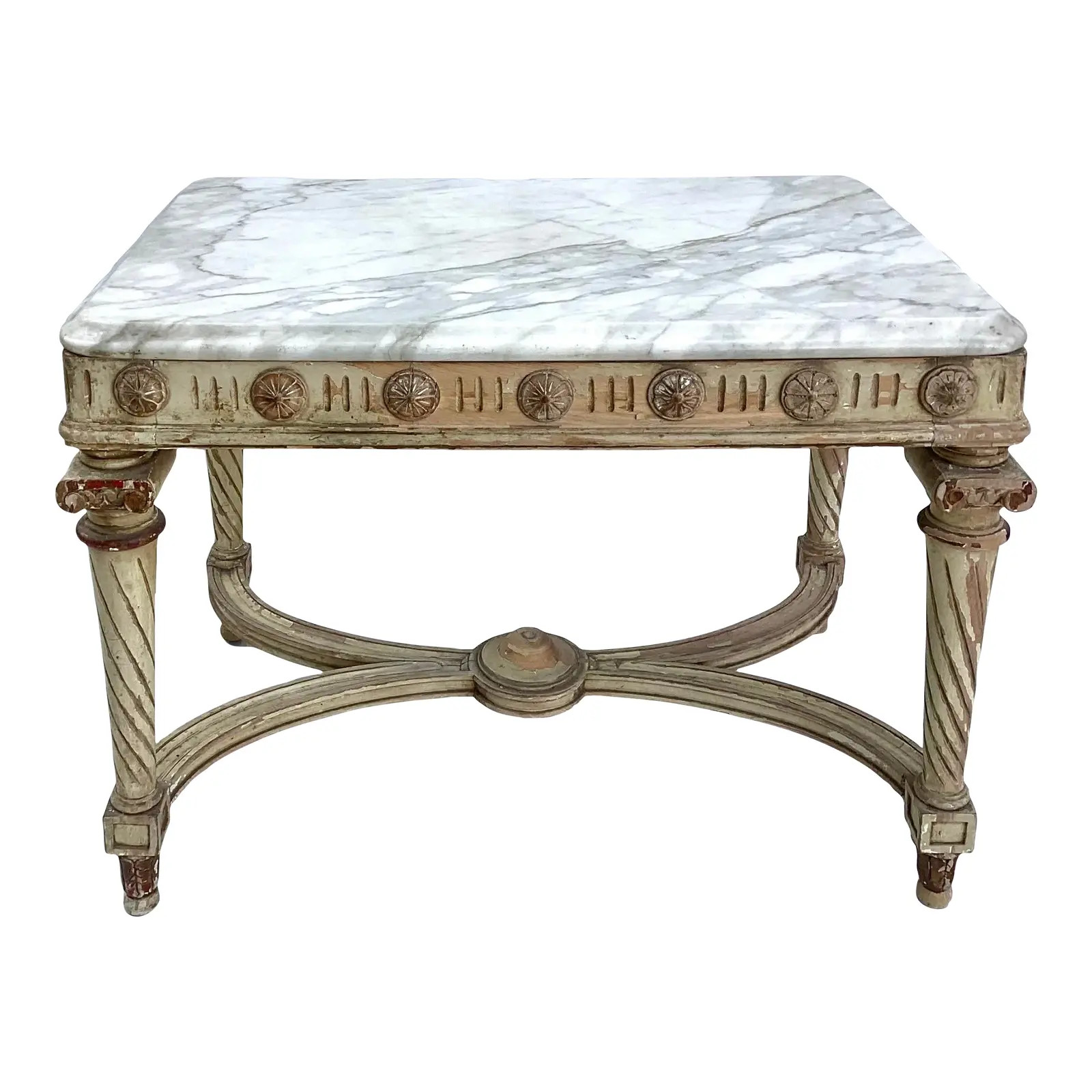 Early 1900’s Louis XVI Style Marble-Top With Distressed Old White Paint & Gold Gilt Coffee Tabl... | Chairish