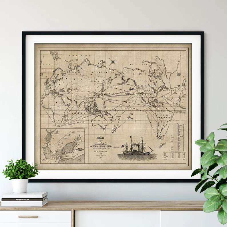 1850 World Map Sailing Chart Print Vintage Map Art, Antique Map Wall Art, Old Map Poster, Sailing... | Etsy (US)