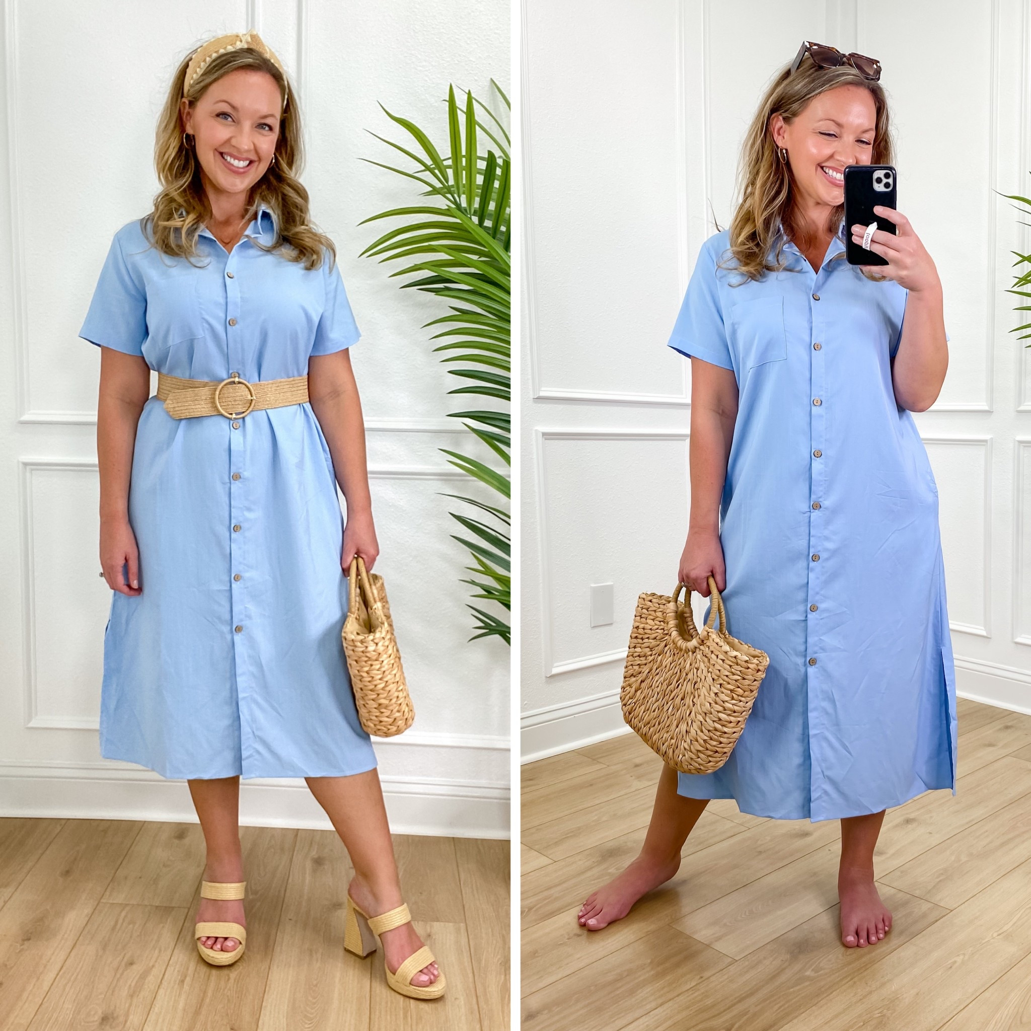 Classic Shirt Dress styled 2 ways! Loving this blue amazon shirt dress jazzed up with heels and a belt for work or church, and styled beach ready with a fun straw bag and oversized sunglasses!  I am 5’5” Size 8 , 34 DD, Wearing a Medium 

#LTKWorkwear #LTKFindsUnder50 #LTKMidsize
