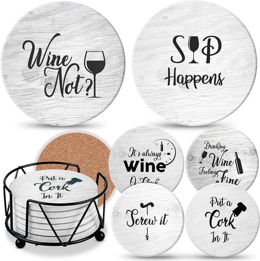 Coasters for Drinks Absorbents with Holder - 6 Pcs Gift Set with 6 Funny Sayings for Wine Lovers ... | Amazon (US)