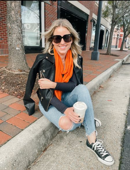 Black and orange vibes- leather jacket with converse 