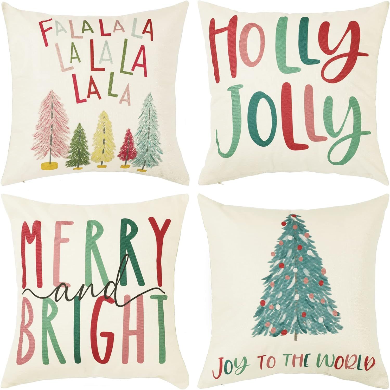 Merry Bright Christmas Pillow Covers Colorful Holiday Holly Jolly18x18inch Set of 4 Winter Decora... | Amazon (US)
