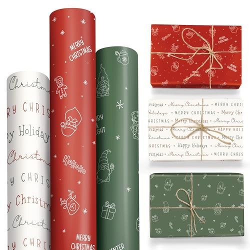 BrightenKidz Set of 3 Christmas Wrapping Paper Rolls, Gift Wrapping Paper for Small & Medium Gifts, Aesthetic Elegant Cute Classic Designs, Holiday Gift Wrap, 17 x 120 inches Per Roll (3 Rolls) | Amazon (US)