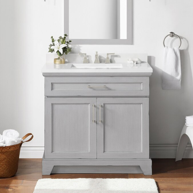 allen + roth Felix 36-in Vintage Gray Single Sink Bathroom Vanity with White Engineered Stone Top... | Lowe's