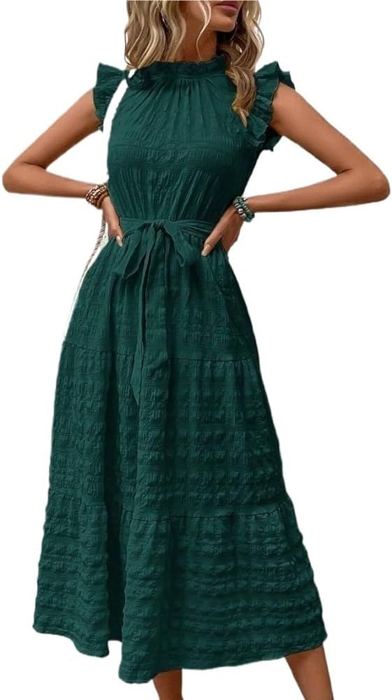 Women's Summer Dresses 2024 Casual Cap Sleeve Frill Trim Ruffle Hem Belted Dress | Amazon (US)