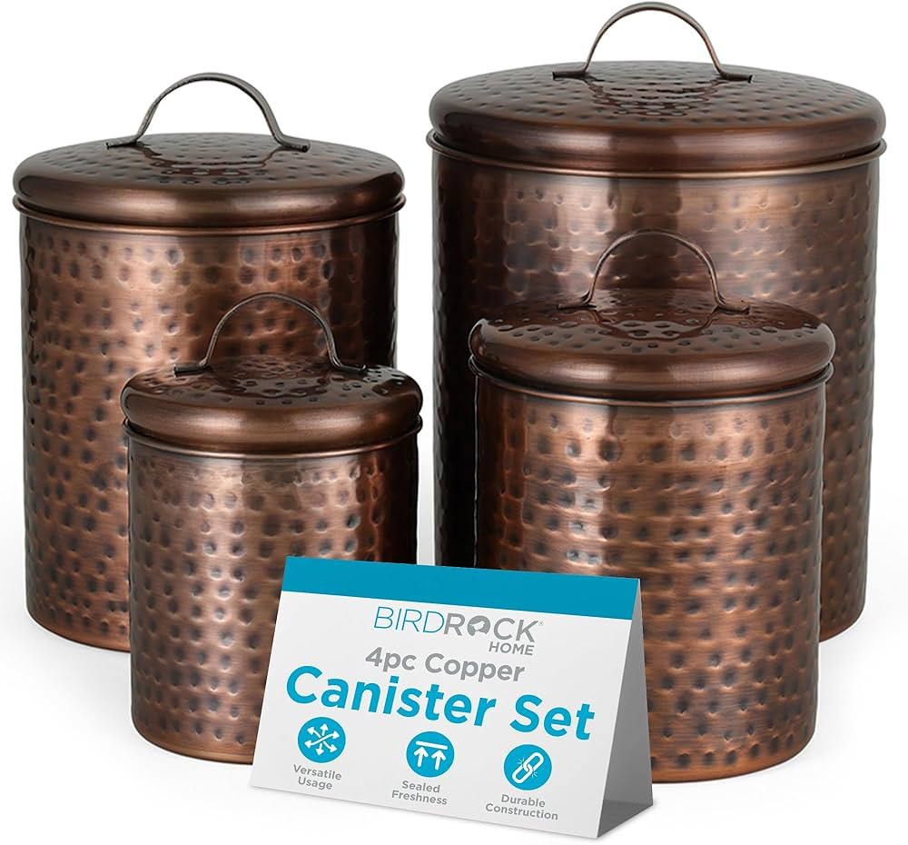 BIRDROCK HOME 4pc Food Storage Canister Set | Hammered Antique Copper with Airtight Lids | Rustic... | Amazon (US)