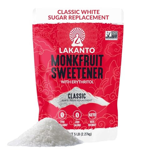 Lakanto Monk Fruit Sweetener With Erythritol, White Sugar Substitute From Monk Fruit Extract, Classic White Sugar Replacement for Baking, Coffee & Tea, Gluten Free, Low Carb, Non GMO, Keto, 5 LB Bag | Amazon (US)