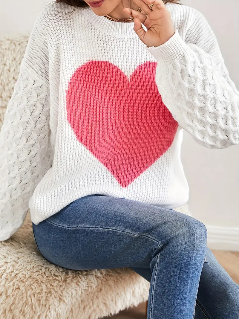 Heart Pattern Crew Neck Pullover Sweater Casual Long Sleeve - Temu | Temu Affiliate Program
