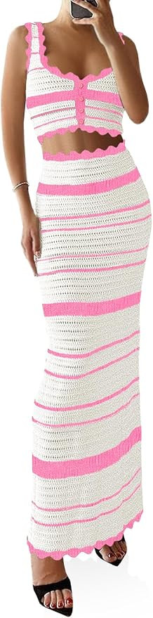 Saodimallsu Womens 2 Piece Sets Summer Striped Crochet Knit Coverup Sleeveless Button Crop Tank T... | Amazon (US)