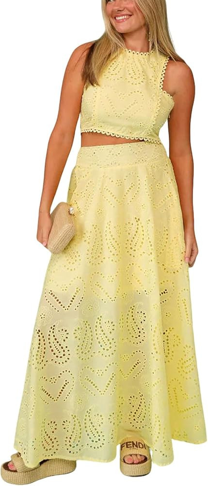 utcoco Womens 2025 Summer Eyelet Lace Embroidered Two Piece Sleeveless Hollow Out Vests Maxi Skir... | Amazon (US)