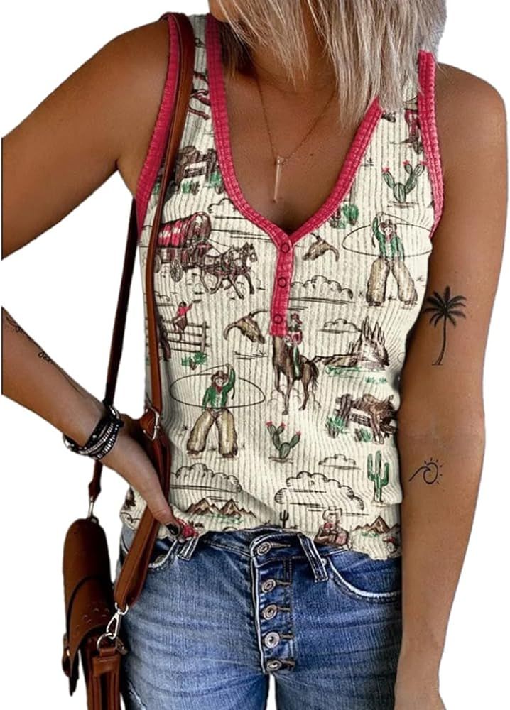 Womens V Neck Tank Tops Summer Sleeveless Ribbed Button Casual Fashion Printing T Shirts Basic To... | Amazon (US)