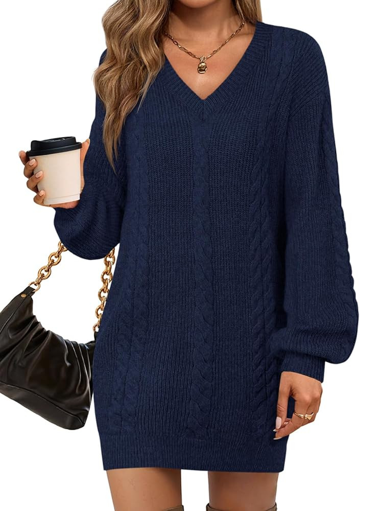 Saodimallsu Womens V Neck Mini Sweater Dress Cable Knit Long Lantern Sleeve Casual Loose Fall Tun... | Amazon (US)