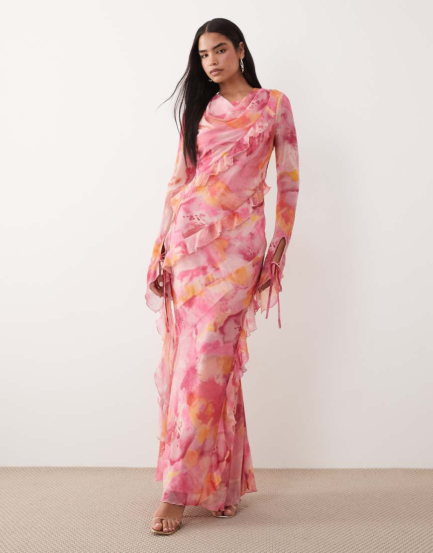 Daska chiffon ruffle maxi dress in pink abstract floral print-Multi | ASOS (Global)