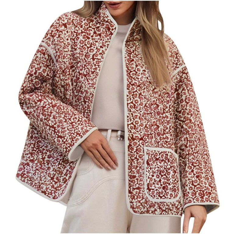 ZUKMRJPC Women's Quilted Jackets Fashion Floral Print Long Sleeve Warm Cotton Jacket Fall Winter ... | Walmart (US)