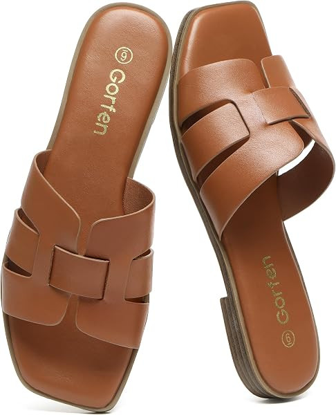 Women's Flat Sandals Dressy Comfortable Square Open Toe Slip On Leather Slide Sandals | Amazon (US)