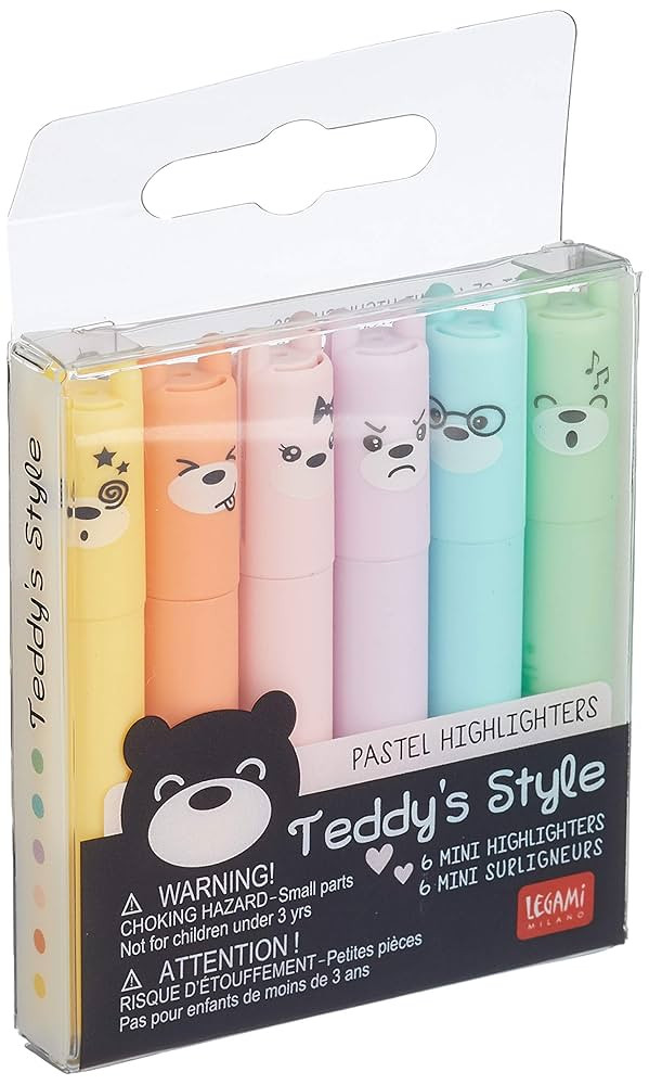 Legami - Teddy's Style, Set mit 6 Mini-Textmarkern, 1 x 7,5 cm, Gelb, Pfirsich, Rosa, Lila, Hellb... | Amazon (DE)