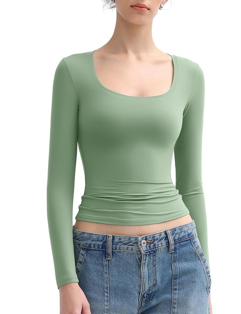 PUMIEY Women's Long Sleeve T Shirts Scoop Neck Slim Fit Going Out Tops Double Lined Basic Tee Smo... | Amazon (US)