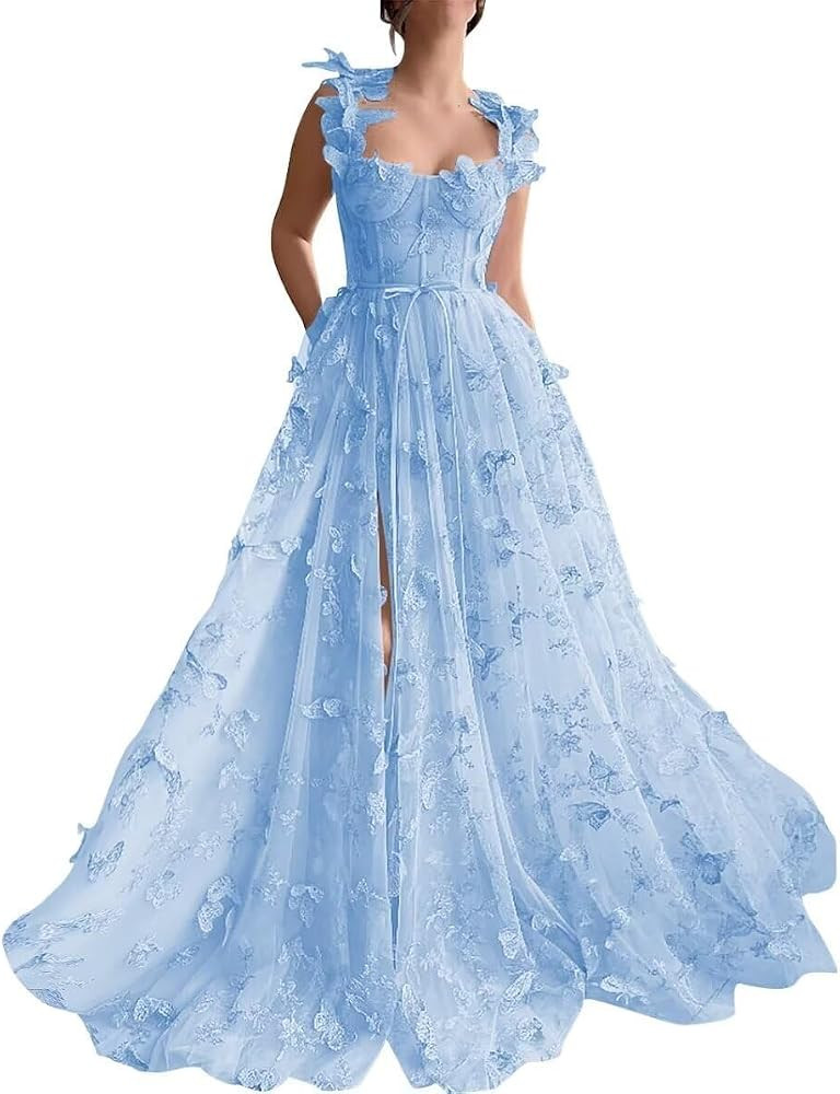 3D Butterfly Fairy Lace Applique Butterfly Tulle Prom Dresses Long Ball Gown for Women | Amazon (US)